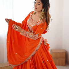Embroidered Semi Stitched Lehenga Choli (Orange)