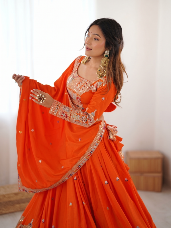 Embroidered Semi Stitched Lehenga Choli (Orange)