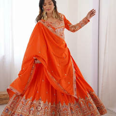 Embroidered Semi Stitched Lehenga Choli (Orange)