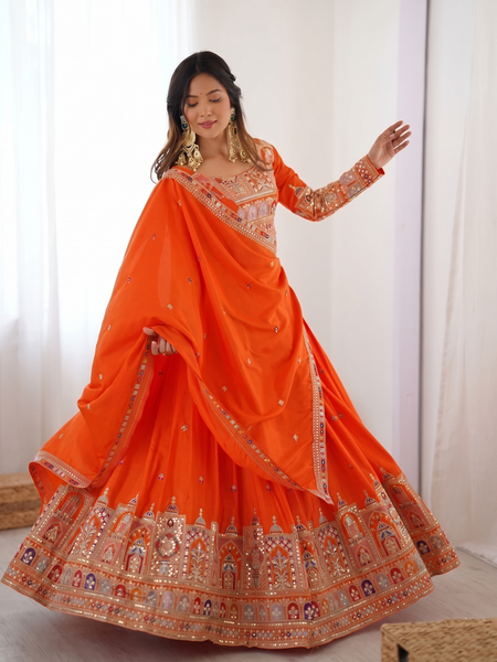 Embroidered Semi Stitched Lehenga Choli (Orange)