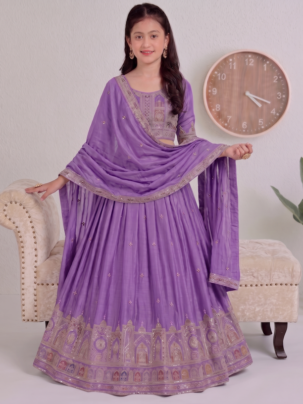 Embroidered Party Wear Semi-Stitched  Lehenga Choli Set (Purple)