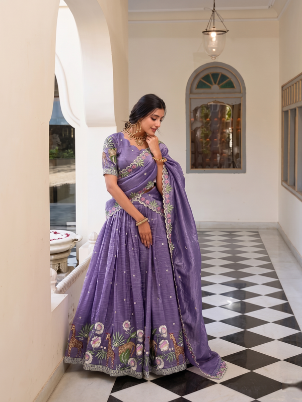 Embroidered Semi Stitched Lehenga Choli (Purple)