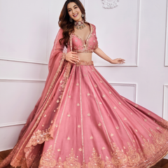 Embroidered Semi Stitched Lehenga & Blouse (Pink)