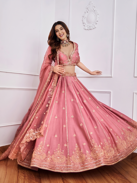 Embroidered Semi Stitched Lehenga & Blouse (Pink)
