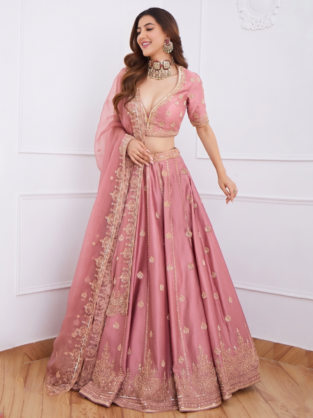 Embroidered Semi Stitched Lehenga & Blouse (Pink)
