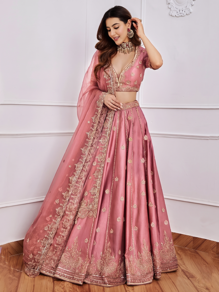 Embroidered Semi Stitched Lehenga & Blouse (Pink)