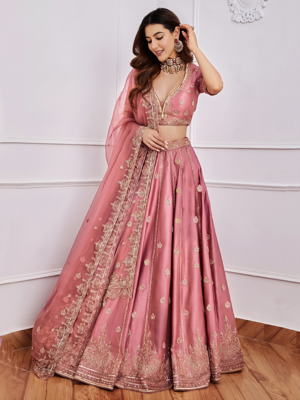 Embroidered Semi Stitched Lehenga & Blouse (Pink)