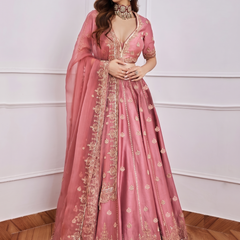 Embroidered Semi Stitched Lehenga & Blouse (Pink)