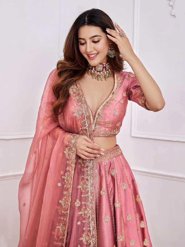 Embroidered Semi Stitched Lehenga & Blouse (Pink)