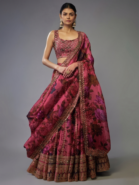 Embroidered, Printed Semi Stitched Lehenga & Crop Top (Pink)