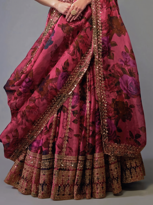 Embroidered, Printed Semi Stitched Lehenga & Crop Top (Pink)