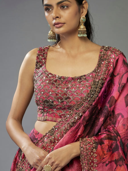 Embroidered, Printed Semi Stitched Lehenga & Crop Top (Pink)