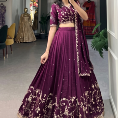 Embroidered Semi Stitched Lehenga Choli (Purple)