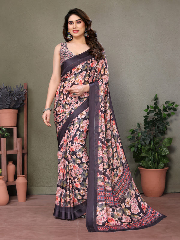 Black Moss Satin Digital Print Saree