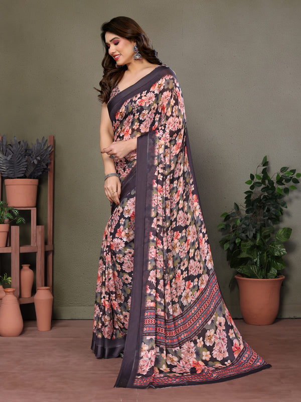 Black Moss Satin Digital Print Saree