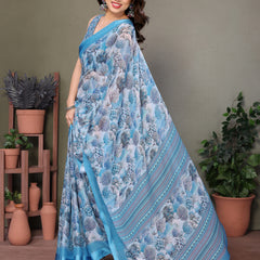 Blue Moss Satin Digital Print Saree