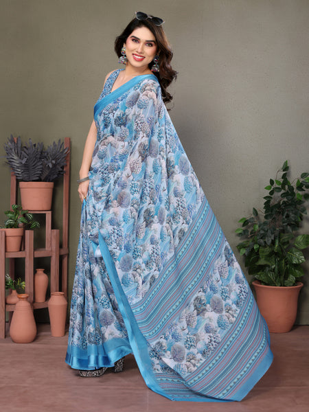 Blue Moss Satin Digital Print Saree