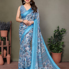 Blue Moss Satin Digital Print Saree