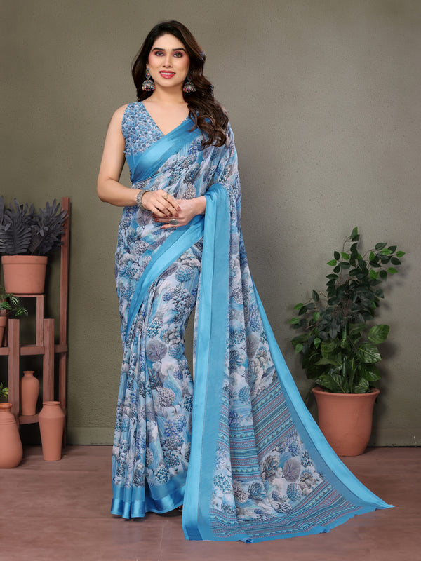 Blue Moss Satin Digital Print Saree