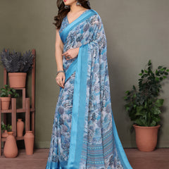 Blue Moss Satin Digital Print Saree