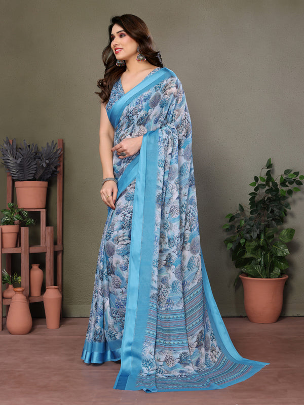Blue Moss Satin Digital Print Saree