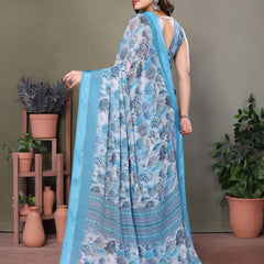 Blue Moss Satin Digital Print Saree
