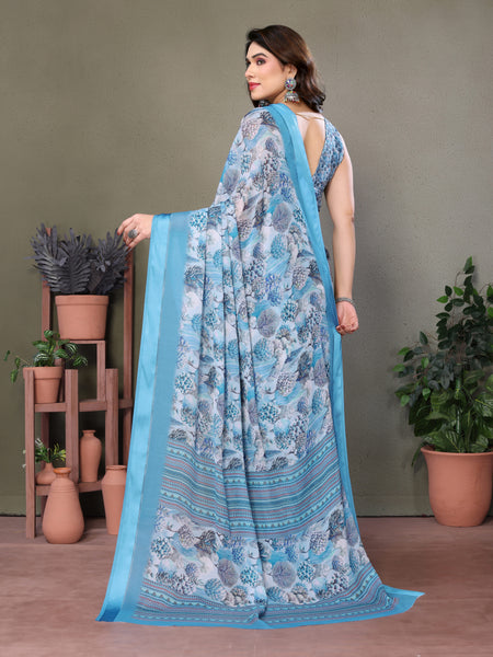 Blue Moss Satin Digital Print Saree