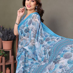 Blue Moss Satin Digital Print Saree
