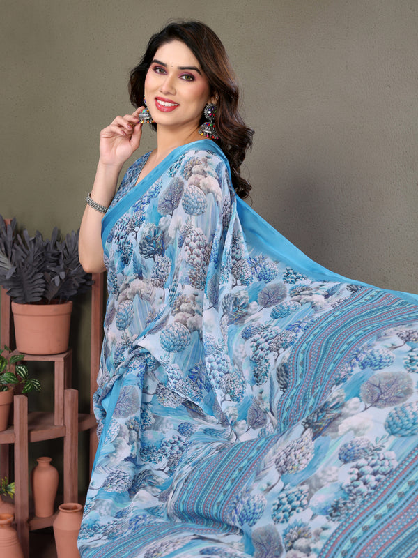 Blue Moss Satin Digital Print Saree