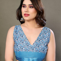 Blue Moss Satin Digital Print Saree