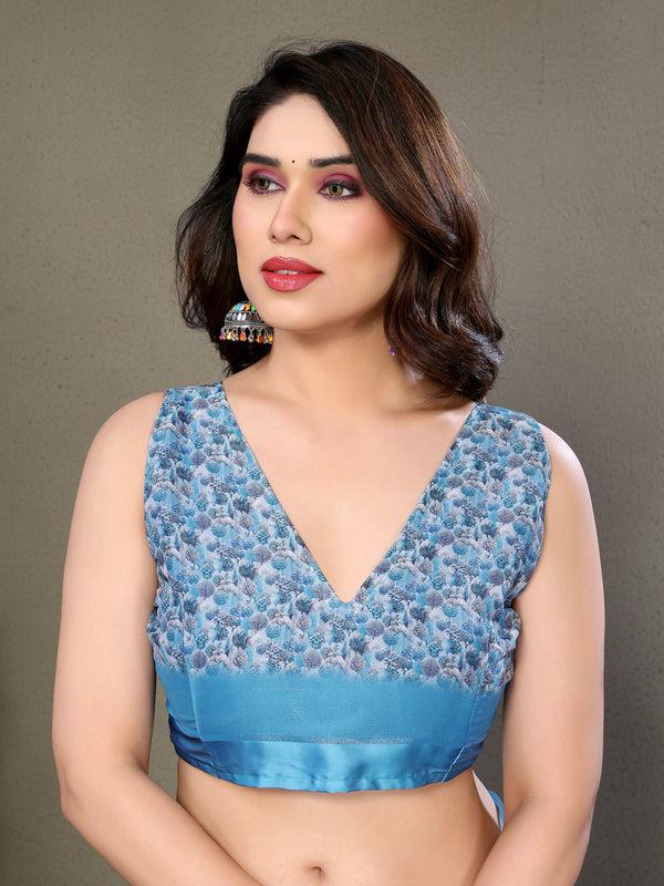 Blue Moss Satin Digital Print Saree