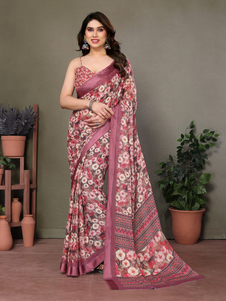 Rose Gold Moss Satin Print Saree
