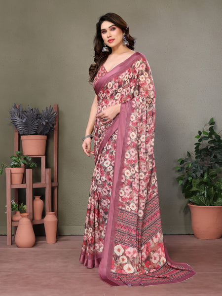 Rose Gold Moss Satin Print Saree