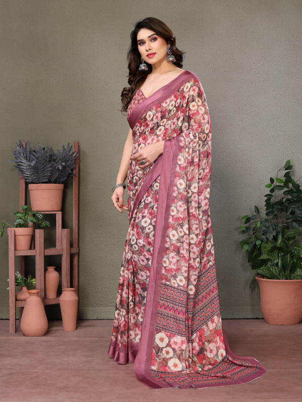 Rose Gold Moss Satin Print Saree