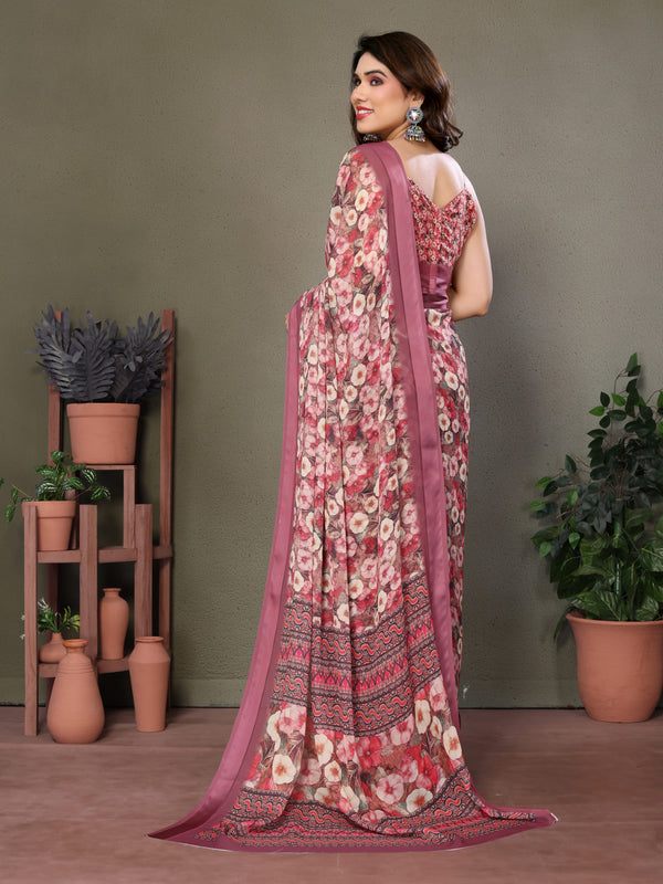 Rose Gold Moss Satin Print Saree