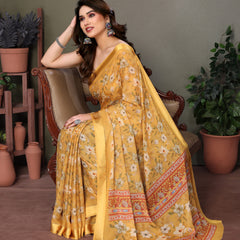 Yellow Moss Satin Digital Print Saree
