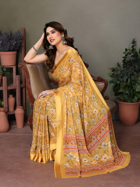 Yellow Moss Satin Digital Print Saree