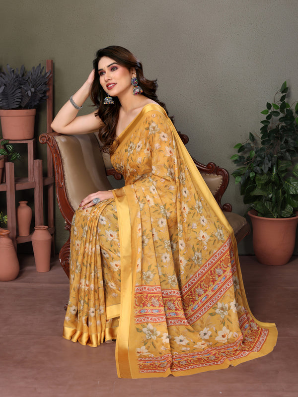 Yellow Moss Satin Digital Print Saree
