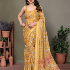 Yellow Moss Satin Digital Print Saree