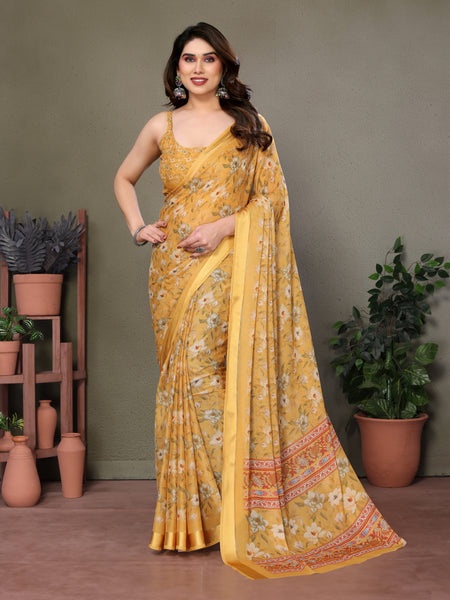 Yellow Moss Satin Digital Print Saree