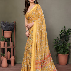 Yellow Moss Satin Digital Print Saree