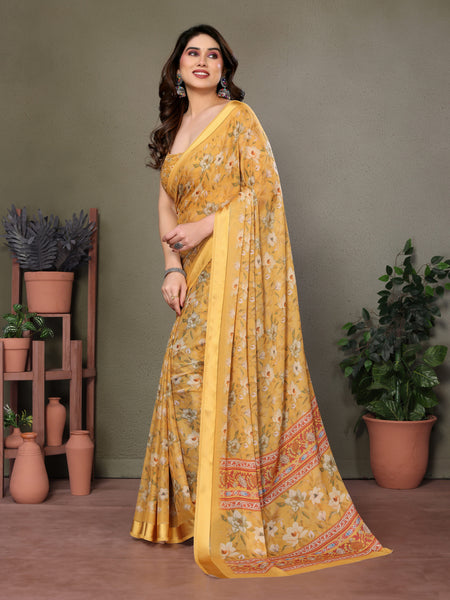 Yellow Moss Satin Digital Print Saree