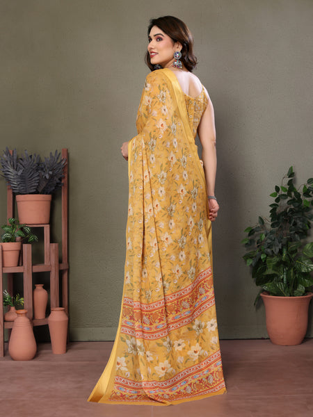 Yellow Moss Satin Digital Print Saree