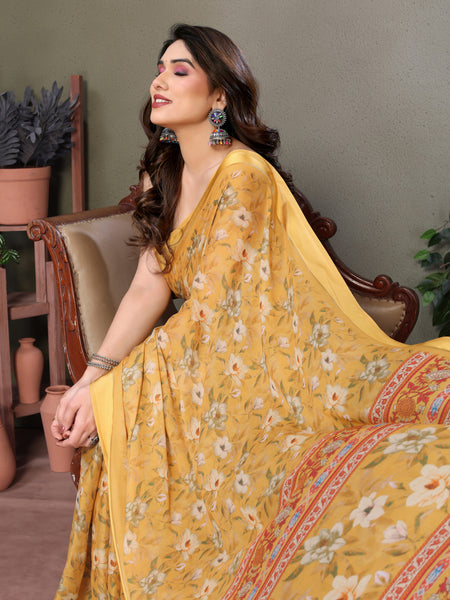 Yellow Moss Satin Digital Print Saree