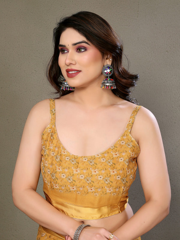 Yellow Moss Satin Digital Print Saree