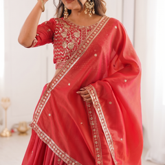 Embroidered Semi Stitched Lehenga Choli (Red)