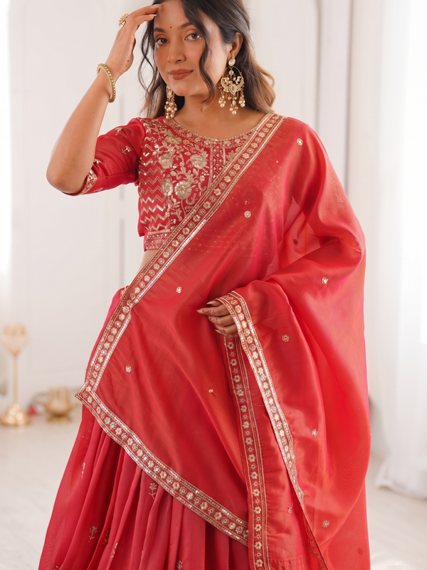 Embroidered Semi Stitched Lehenga Choli (Red)