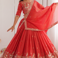 Embroidered Semi Stitched Lehenga Choli (Red)