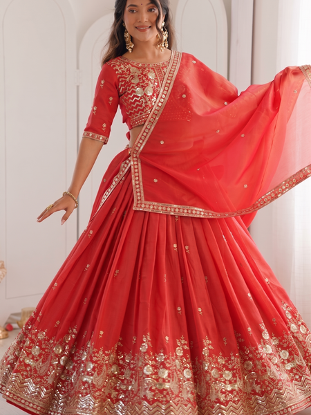 Embroidered Semi Stitched Lehenga Choli (Red)