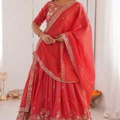 Embroidered Semi Stitched Lehenga Choli (Red)